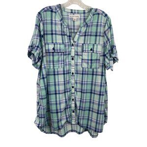 New York Laundry Womens 1X Plaid Button Down Short Sleeve Shirt